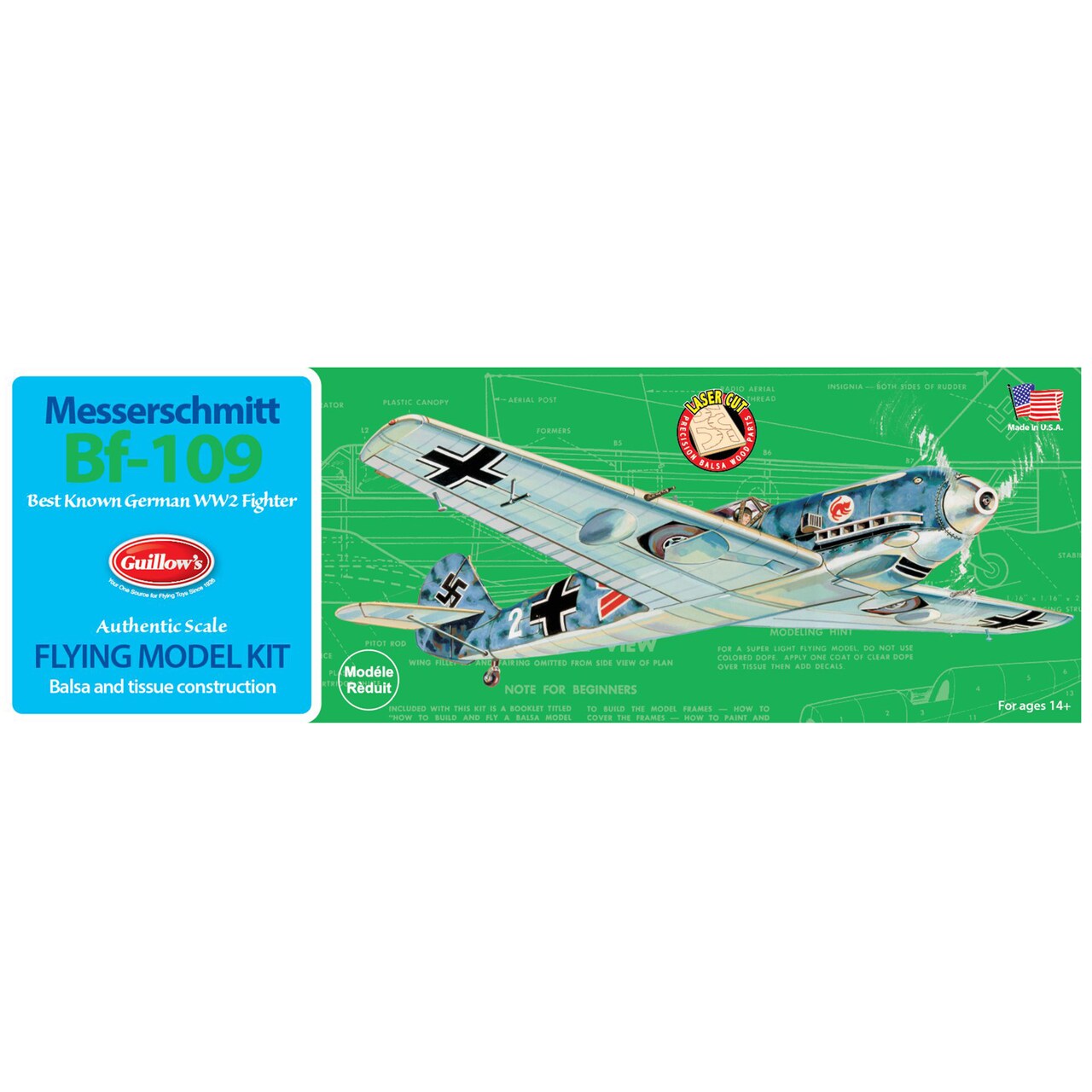Guillow's: Flying Model Kit - Messerschmitt BF-109 - Classic Balsa Wood, DIY Airplane Building, Laser-Cut, Collectible, 1:30 Scale WWII Plane, 505